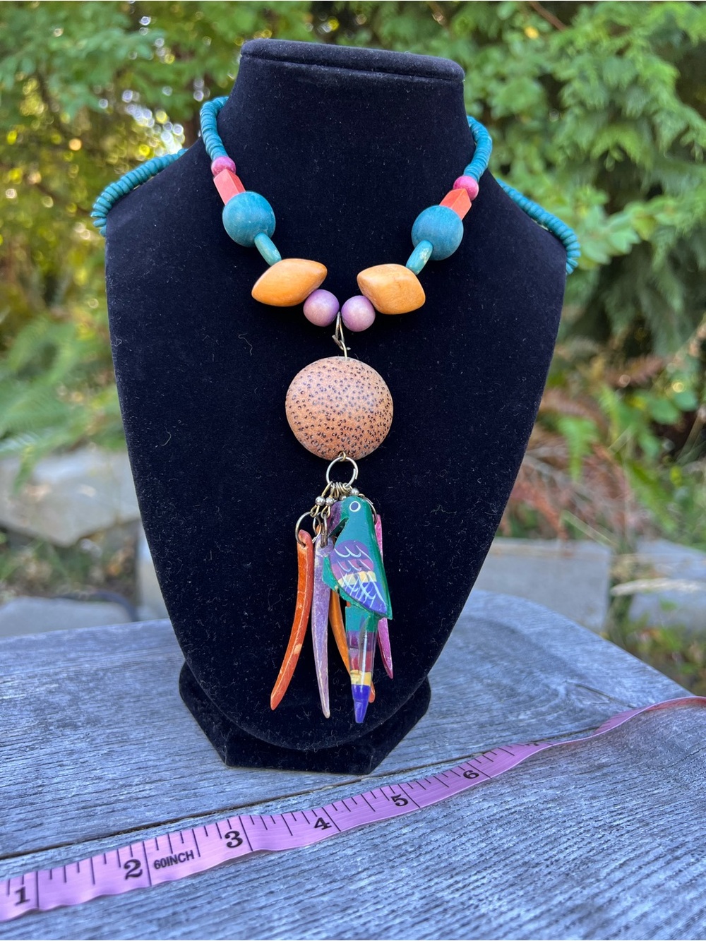 Handcrafted Colorful Wooden Parrot Pendant Necklace - Turquoise, Orange & Purple